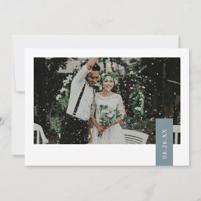 Elegant Dusty Blue Green Ribbon Photo Wedding Thank You Card (Front)