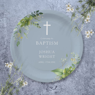Elegant Dusty Blue Greenery Baptism Christening Paper Plate