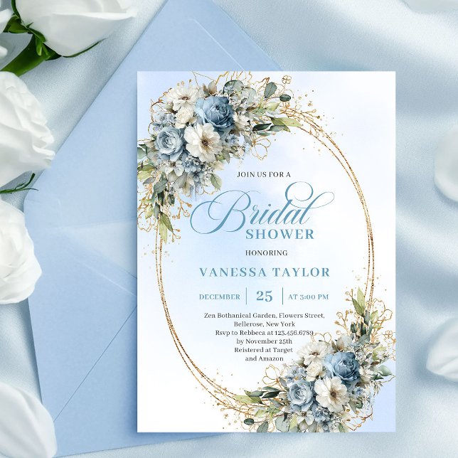 Elegant Dusty Blue Greenery Gold Bridal Shower  Invitation (Elegant Dusty Blue Greenery Gold Bridal Shower Invite)