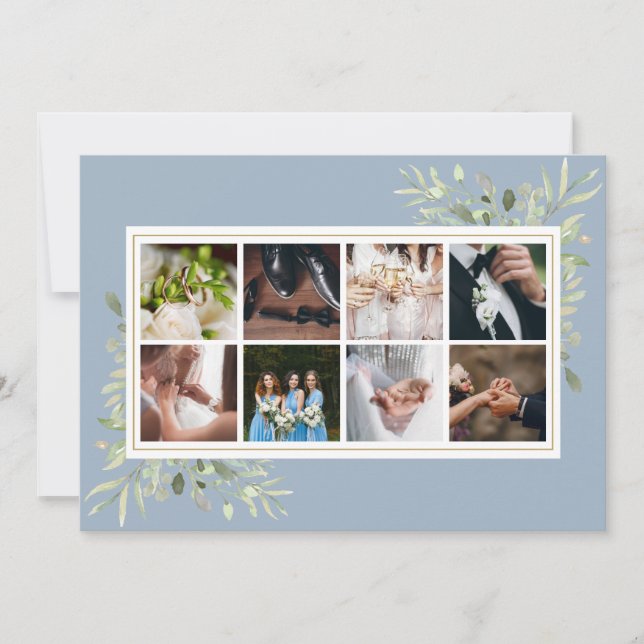 Elegant Dusty Blue Greenery Photo Collage Wedding Thank You Card (Front)