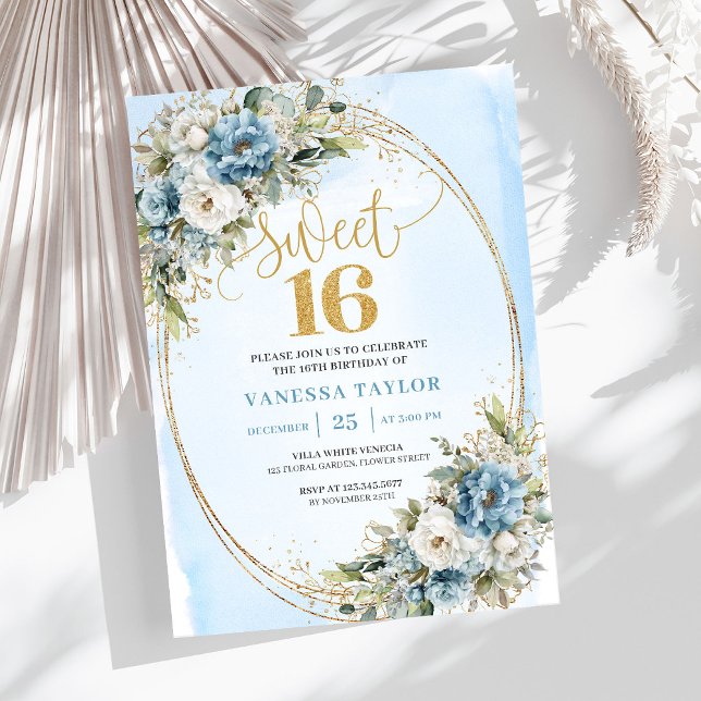 Elegant Dusty Blue Greenery Sweet 16th Birthday  Invitation (Elegant Dusty Blue Greenery Sweet 16th Birthday Invite)