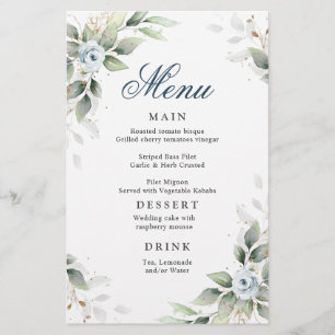 Elegant Dusty Blue Greenery Wedding Dinner Menu