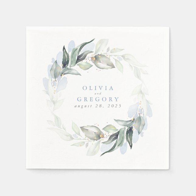 Elegant Dusty Blue Greenery Wedding Napkin (Front)