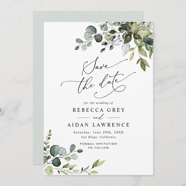Elegant Dusty Blue Greenery Wedding Save the Date Invitation (Front/Back)