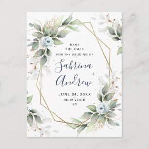 Elegant Dusty Blue  Greenery Wedding Save the Date Postcard