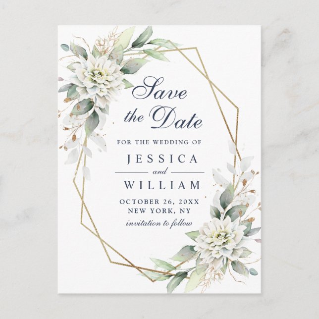 Elegant Dusty Blue  Greenery Wedding Save the Date Postcard (Front)
