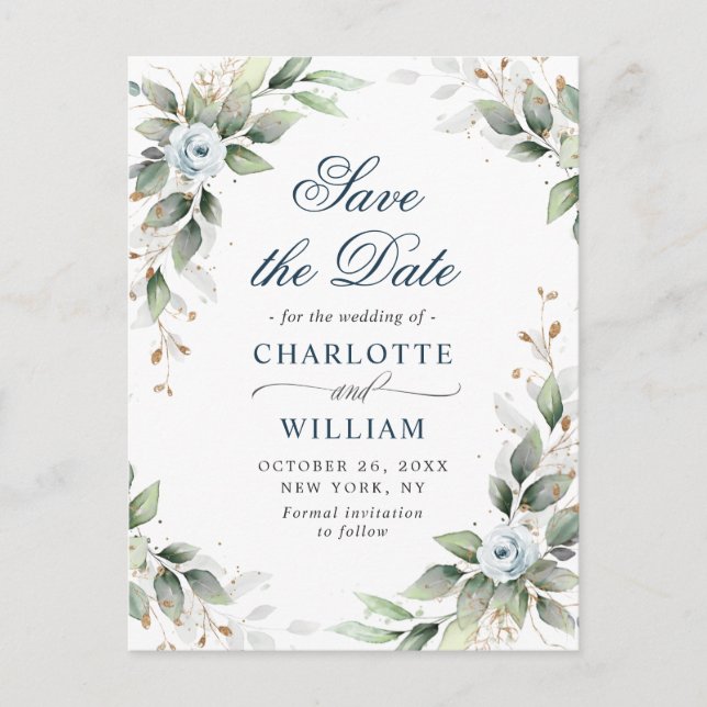 Elegant Dusty Blue  Greenery Wedding Save the Date Postcard (Front)