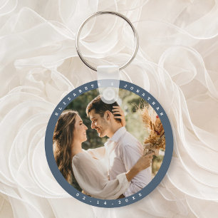 Elegant Dusty Blue Grey Couple Photo Wedding Favou Key Ring