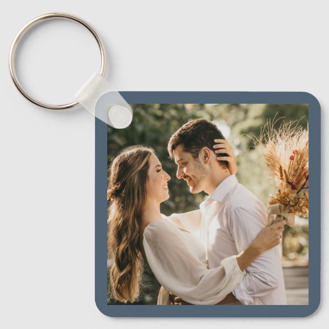 Elegant Dusty Blue Grey Couple Photo Wedding Favou Key Ring (Front)