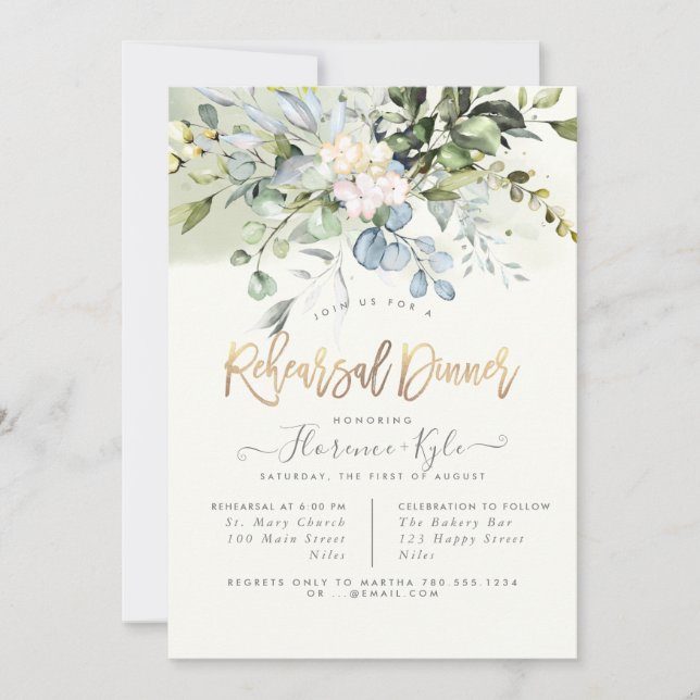Elegant Dusty Blue Gum Eucalyptus Rehearsal Dinner Invitation (Front)
