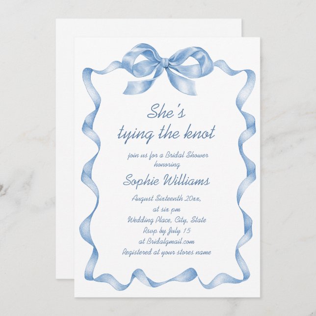 Elegant Dusty Blue Hand Drawn Bow Bridal Shower Invitation (Front/Back)