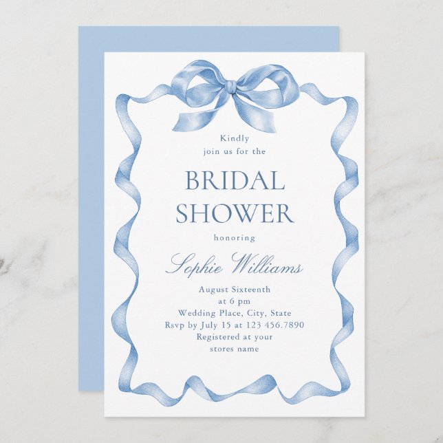 Elegant Dusty Blue Hand Drawn Bow Bridal Shower Invitation (Front/Back)