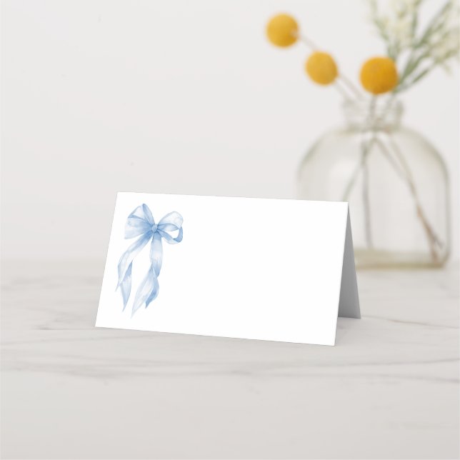 Elegant Dusty Blue Hand Drawn Bow Bridal Shower Place Card (Front)