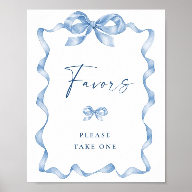 Elegant Dusty Blue Hand Drawn Bow Bridal Shower Poster (Front)