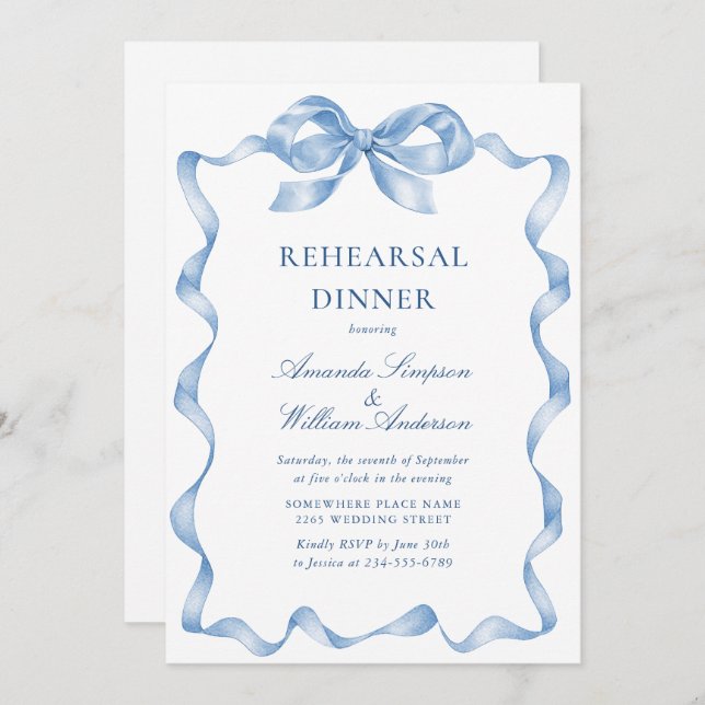 Elegant Dusty Blue Hand Drawn Bow Rehearsal Dinner Invitation (Front/Back)