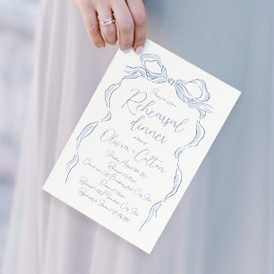 Elegant Dusty Blue Hand Drawn Bow Rehearsal Dinner Invitation