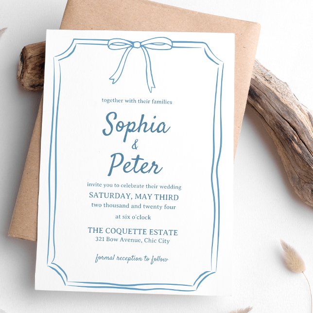Elegant Dusty Blue Hand-Drawn Bow Timeless Wedding Invitation (This soft blue invitation adds a peaceful, elegant touch to your wedding—customizable and chic.)