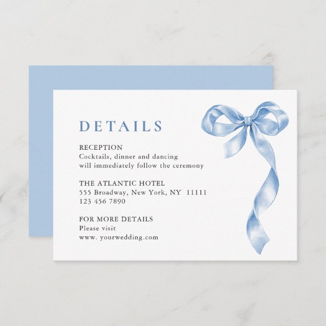 Elegant Dusty Blue Hand Drawn Bow Wedding Details Enclosure Card (Front/Back)