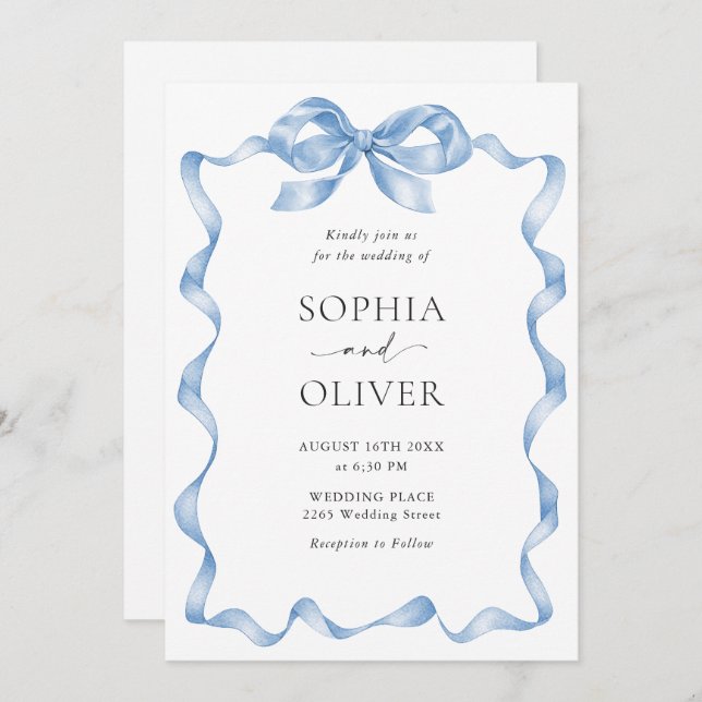 Elegant Dusty Blue Hand Drawn Bow Wedding Invitation (Front/Back)