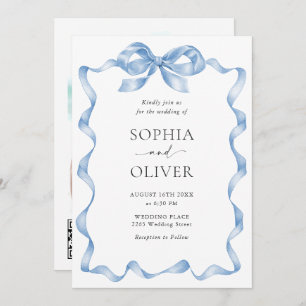 Elegant Dusty Blue Hand Drawn Bow Wedding Invitation