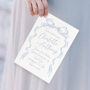 Elegant Dusty Blue Hand Drawn Bow Wedding Invitation