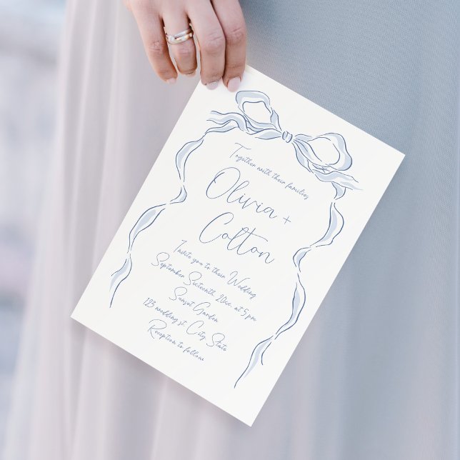 Elegant Dusty Blue Hand Drawn Bow Wedding Invitation (Elegant Dusty Blue Hand Drawn Bow Wedding Invitation)
