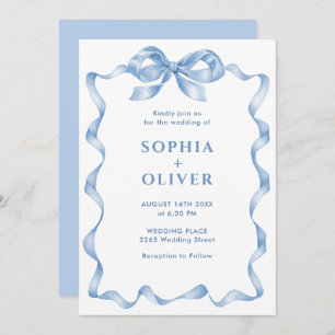 Elegant Dusty Blue Hand Drawn Bow Wedding Invitation