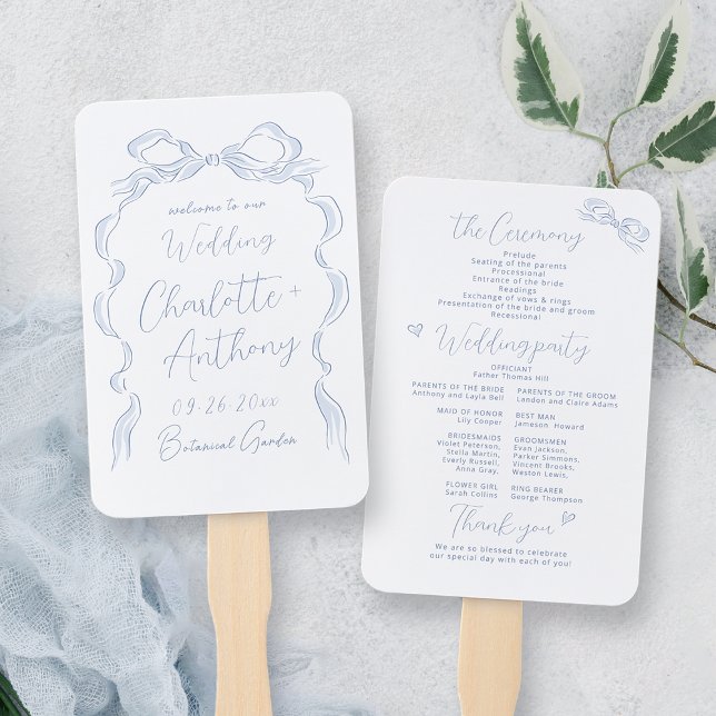 Elegant Dusty Blue Hand Drawn Bow Wedding Program Fan (Elegant Dusty Blue Hand Drawn Bow Wedding Program Hand Fan)