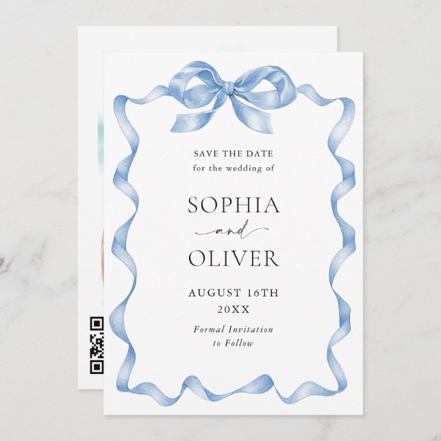 Elegant Dusty Blue Hand Drawn Bow Wedding Save The Date (Front/Back)