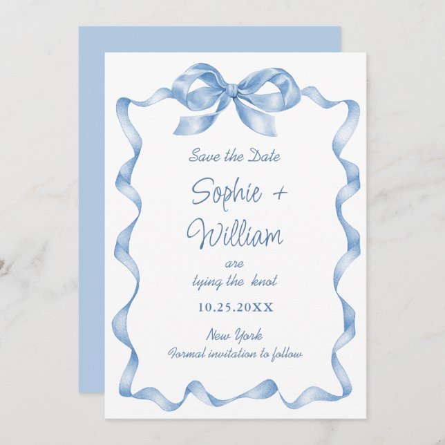 Elegant Dusty Blue Hand Drawn Bow Wedding Save The Date (Front/Back)
