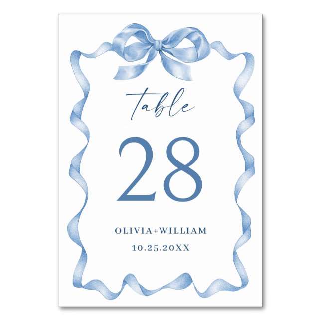 Elegant Dusty Blue Hand Drawn Bow Wedding Table Number (Front)
