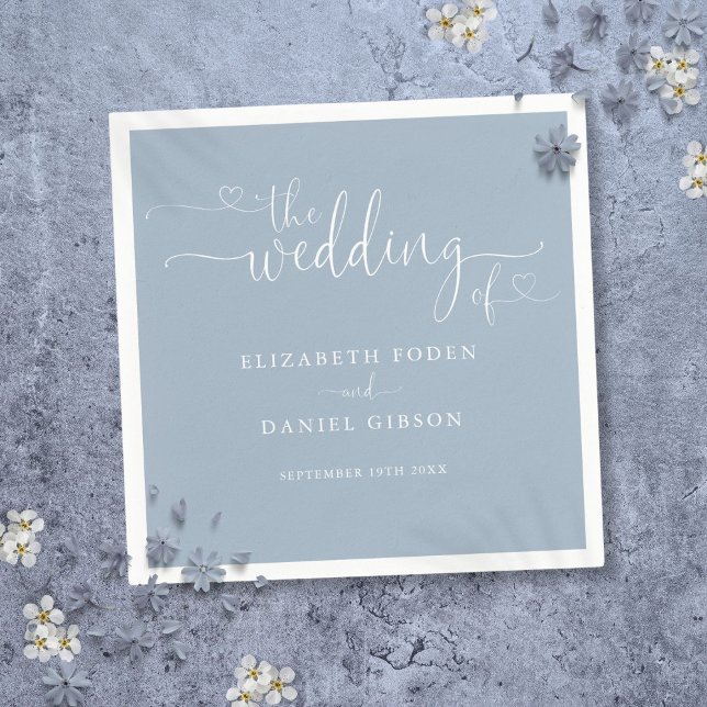 Elegant Dusty Blue Heart Script Wedding Napkin (Elegant Dusty Blue Heart Script Wedding Napkins)