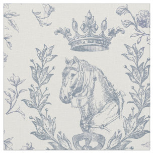 Elegant Dusty Blue Horse Crown Floral Toile Fabric