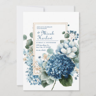 Elegant Dusty Blue Hydrangea Eucalyptus Gold Frame Invitation