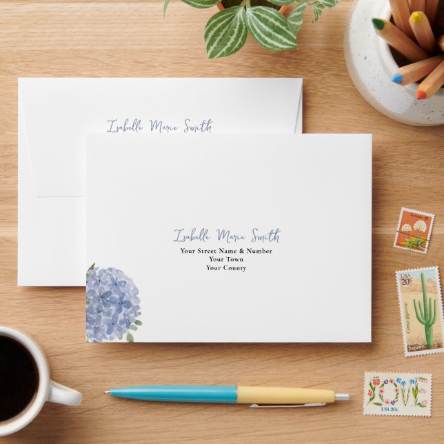 Elegant Dusty Blue Hydrangea Floral Wedding RSVP Envelope (Desk)