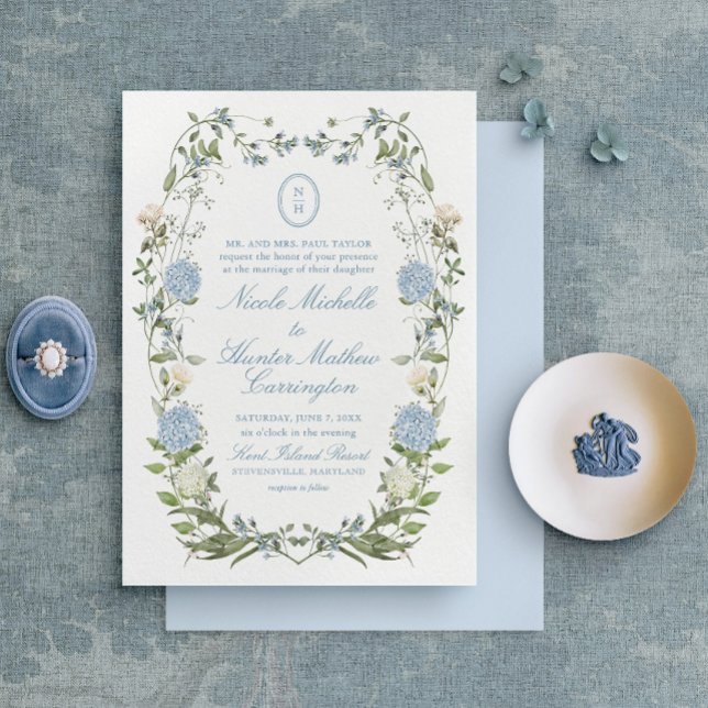 Elegant Dusty Blue Hydrangea Monogram Invitation (Creator Uploaded)