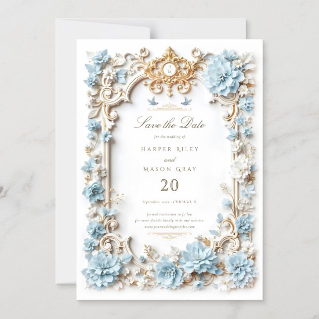 Elegant Dusty Blue Hydrangeas Faux Embossed Magnetic Invitation (Front)