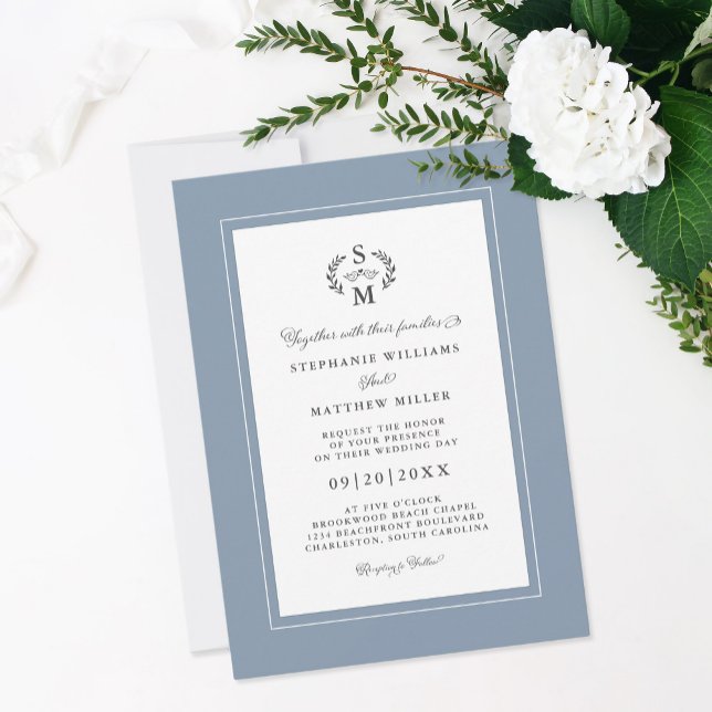 Elegant Dusty Blue Initials Calligraphy Wedding Invitation (Elegant Dusty Blue Initials Calligraphy Wedding Invitation)