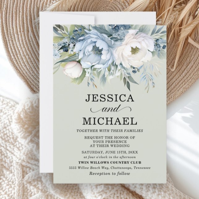 Elegant Dusty Blue Ivory Floral Sage Green  Invitation (Elegant dusty blue and white floral on mint green wedding invitation)