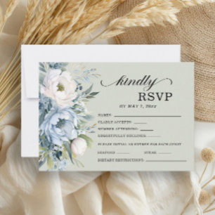 Elegant Dusty Blue Ivory Floral Sage Green  RSVP Card