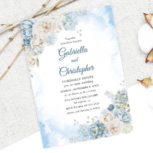 Elegant Dusty Blue Ivory Rose Flowers Wedding Invitation