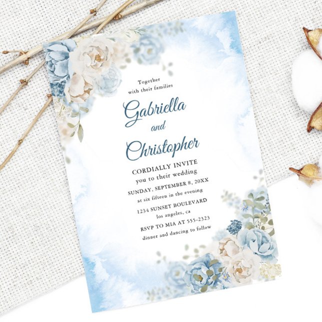 Elegant Dusty Blue Ivory Rose Flowers Wedding Invitation (Creator Uploaded)