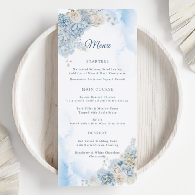 Elegant Dusty Blue Ivory Rose Flowers Wedding Menu (Creator Uploaded)