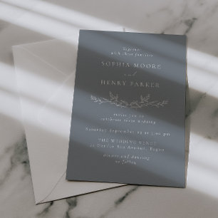 Elegant Dusty Blue Leaf Line Art Wedding Invitation