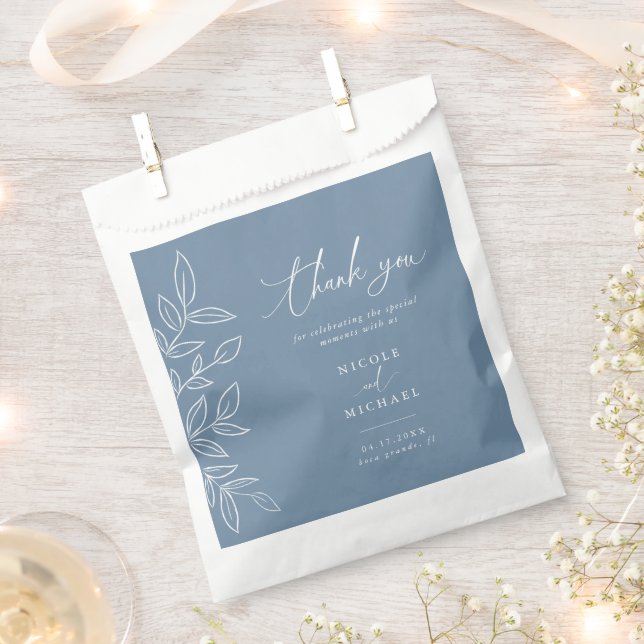 Elegant Dusty Blue Leaves Wedding Thank You Favour Bag (Clipped)