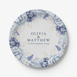 Elegant Dusty Blue & Light Blue Floral Wedding Paper Plate