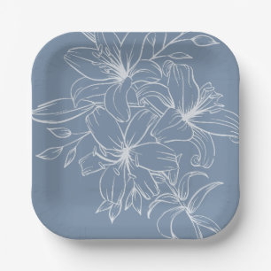 Elegant Dusty Blue Lily Wedding Square Paper Plate