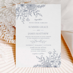 Elegant Dusty Blue Line Art Floral Wedding Invitation