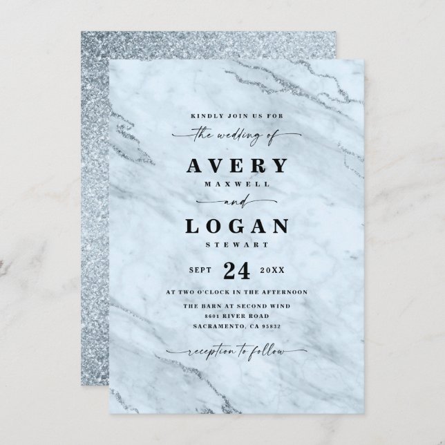 Elegant Dusty Blue Marble & Glitter Wedding Invitation (Front/Back)