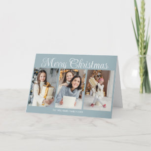 Elegant Dusty Blue Merry Christmas Photo Collage Holiday Card